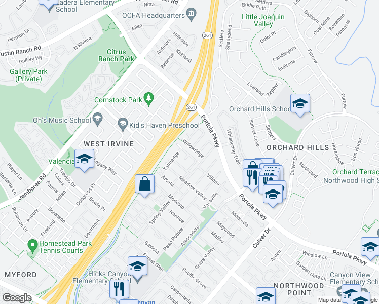map of restaurants, bars, coffee shops, grocery stores, and more near 181 Lockford in Irvine