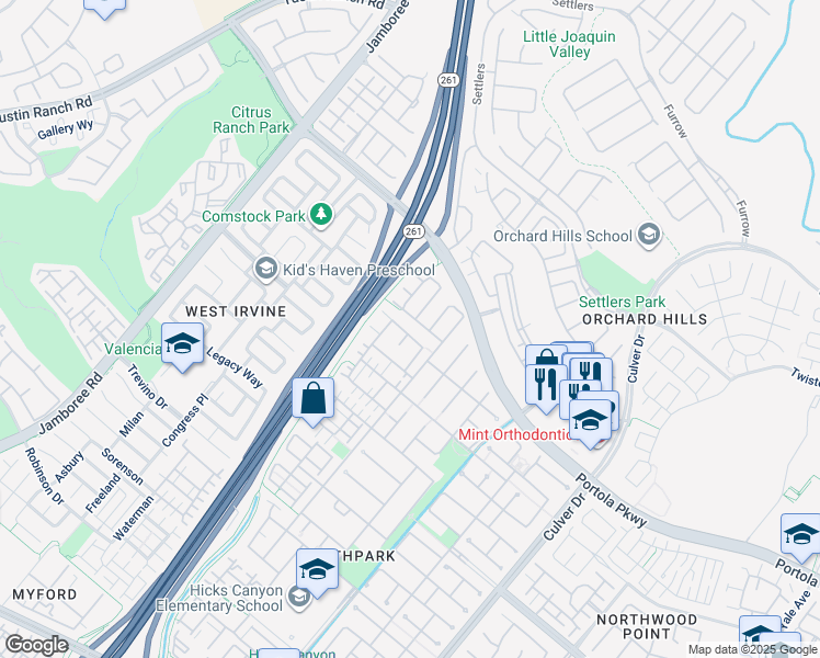 map of restaurants, bars, coffee shops, grocery stores, and more near 181 Lockford in Irvine