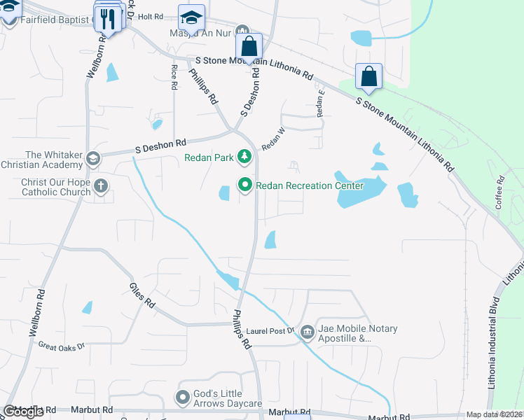map of restaurants, bars, coffee shops, grocery stores, and more near 1800 Phillips Road in Lithonia