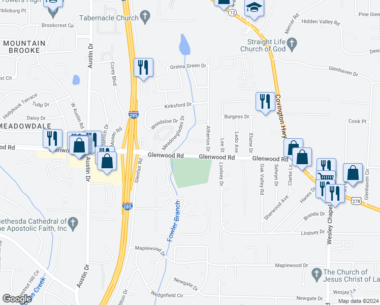 map of restaurants, bars, coffee shops, grocery stores, and more near 4694 Glenwood Road in Decatur