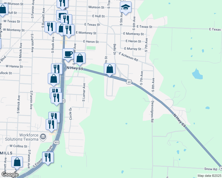 map of restaurants, bars, coffee shops, grocery stores, and more near 1807 South Center Street in Denison