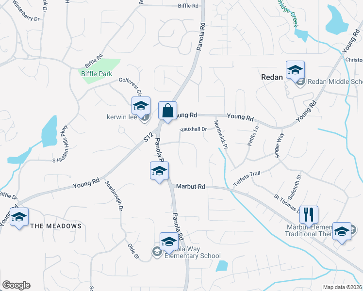 map of restaurants, bars, coffee shops, grocery stores, and more near 5445 Covent Way in Lithonia