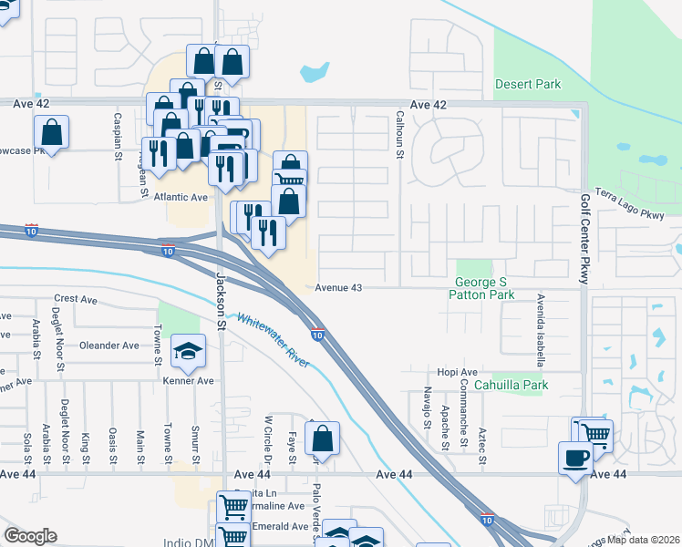 map of restaurants, bars, coffee shops, grocery stores, and more near 83325 White Stallion Road in Indio