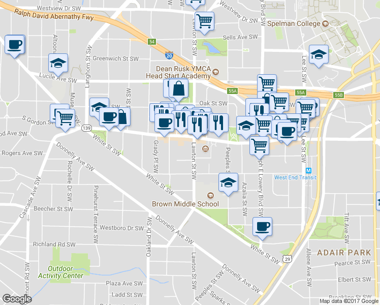map of restaurants, bars, coffee shops, grocery stores, and more near 651 Lawton Street Southwest in Atlanta