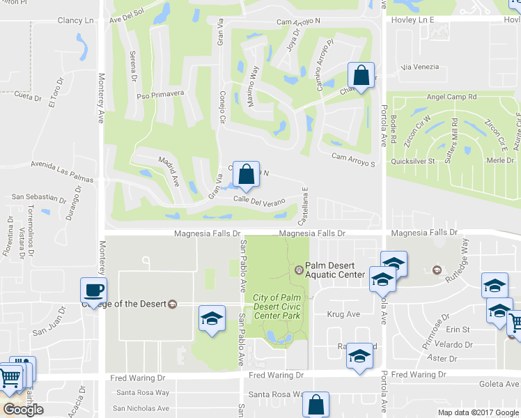 map of restaurants, bars, coffee shops, grocery stores, and more near 255 Calle Del Verano in Palm Desert
