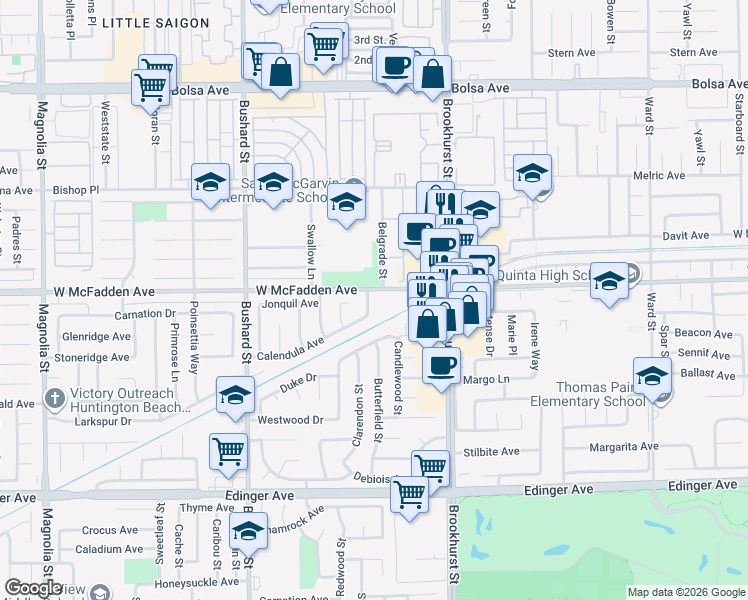 map of restaurants, bars, coffee shops, grocery stores, and more near 9801 McFadden Avenue in Westminster