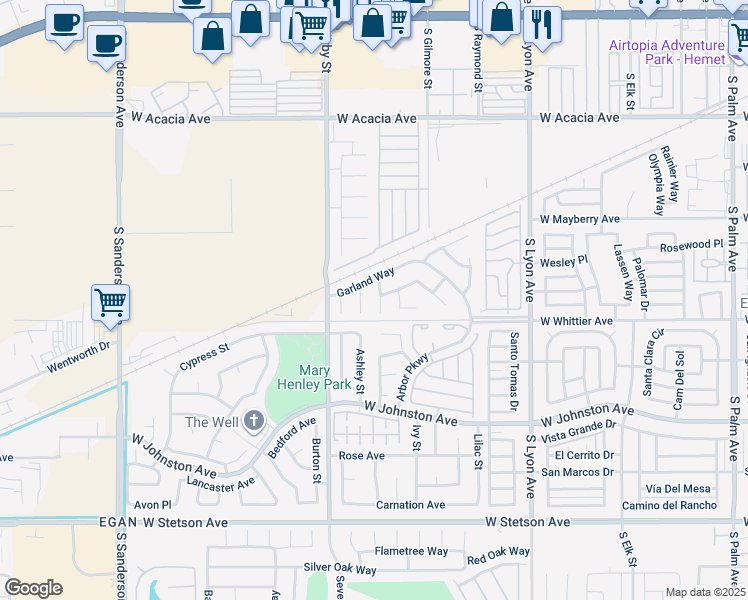 map of restaurants, bars, coffee shops, grocery stores, and more near 671 Zinnia Street in Hemet