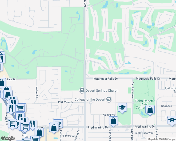 map of restaurants, bars, coffee shops, grocery stores, and more near 116 Castellana West in Palm Desert