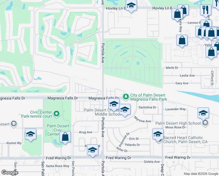 map of restaurants, bars, coffee shops, grocery stores, and more near 215 Vía Reneca in Palm Desert