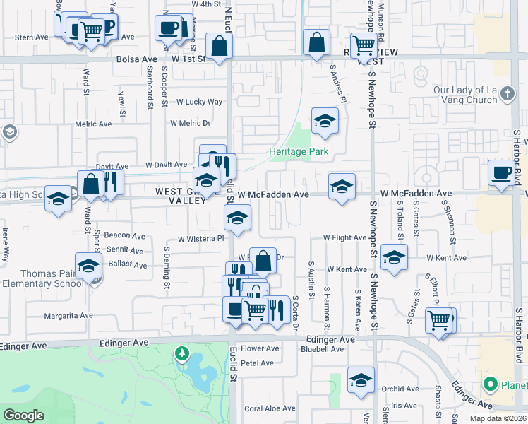 map of restaurants, bars, coffee shops, grocery stores, and more near 725 South Flintridge Drive in Santa Ana