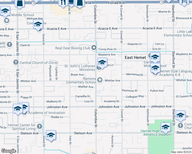 map of restaurants, bars, coffee shops, grocery stores, and more near 26431 Columbia Street in Hemet