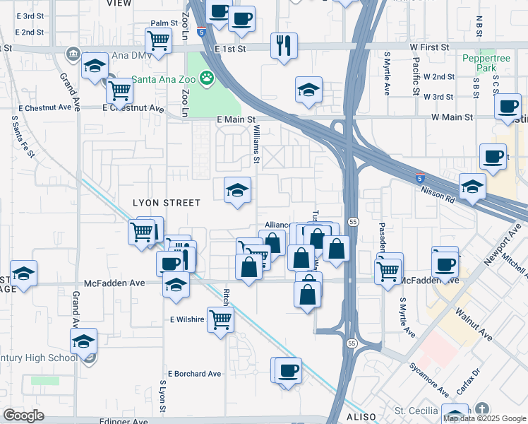 map of restaurants, bars, coffee shops, grocery stores, and more near 15504 Williams Street in Tustin