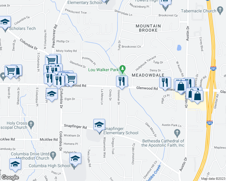 map of restaurants, bars, coffee shops, grocery stores, and more near 4276 Glenwood Road in Decatur