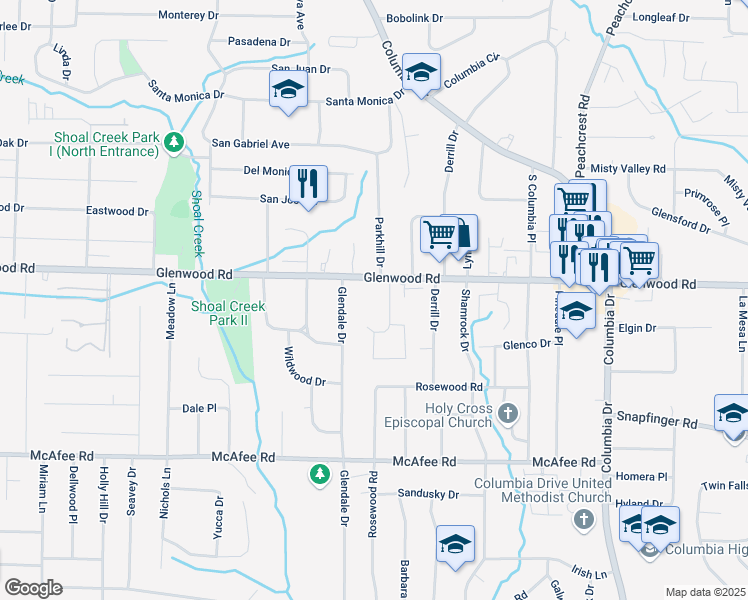 map of restaurants, bars, coffee shops, grocery stores, and more near 3815 Glenwood Road in Decatur