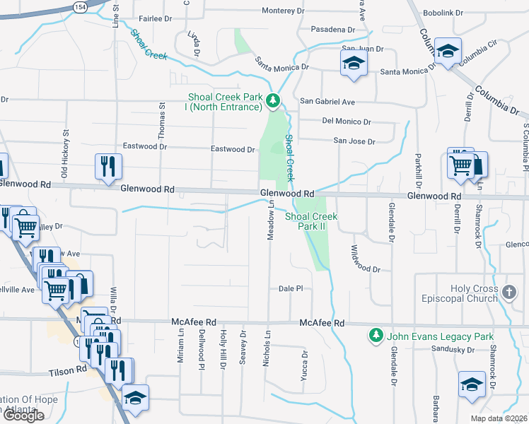 map of restaurants, bars, coffee shops, grocery stores, and more near 3591 Glenwood Road in Decatur