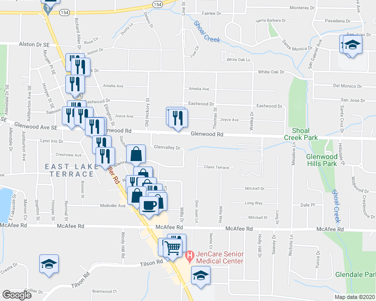 map of restaurants, bars, coffee shops, grocery stores, and more near 3359 Glenwood Road in Decatur