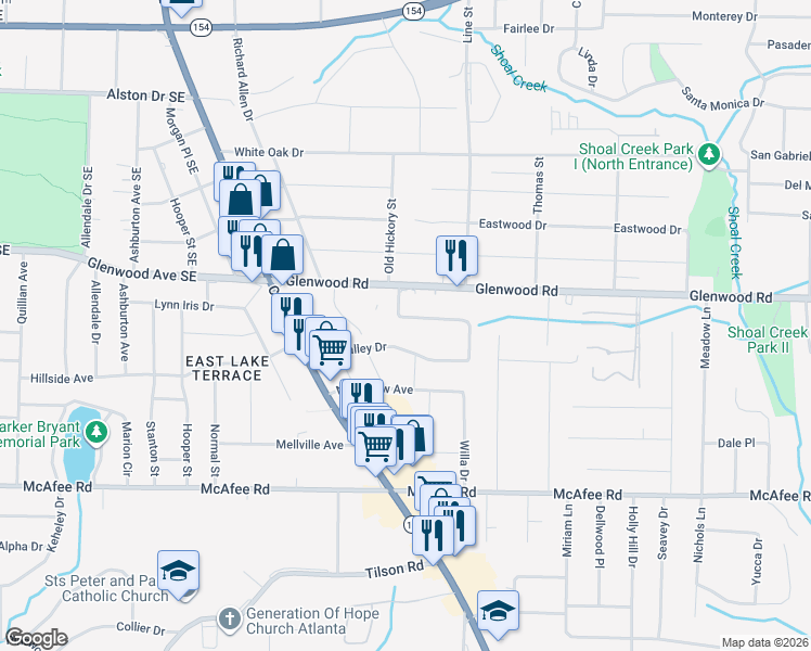 map of restaurants, bars, coffee shops, grocery stores, and more near 2790 Glenvalley Drive in Decatur