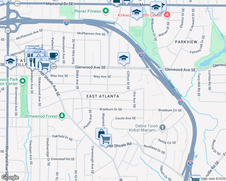 map of restaurants, bars, coffee shops, grocery stores, and more near 1636 Van Epps Street Southeast in Atlanta