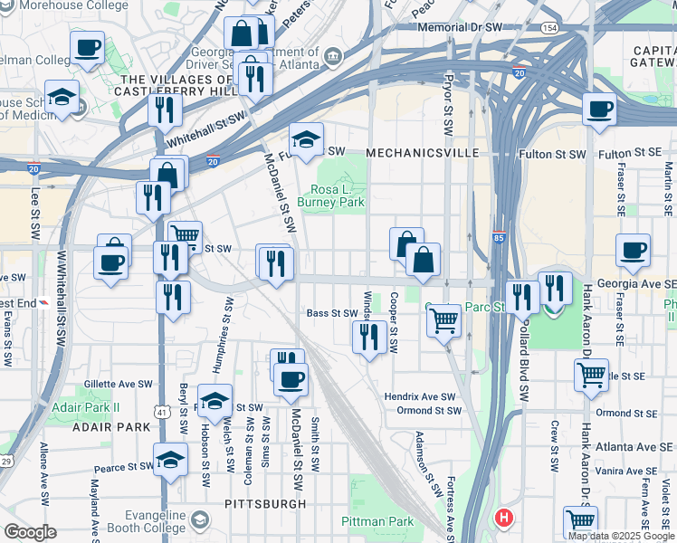 map of restaurants, bars, coffee shops, grocery stores, and more near 340 Glenn Street Southwest in Atlanta