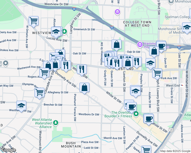 map of restaurants, bars, coffee shops, grocery stores, and more near 630 Holderness Street Southwest in Atlanta