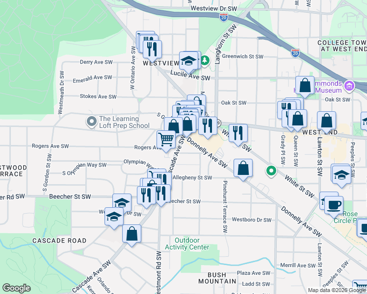 map of restaurants, bars, coffee shops, grocery stores, and more near 1459 Donnelly Avenue Southwest in Atlanta