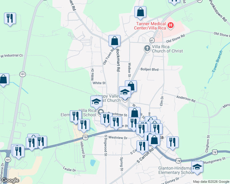 map of restaurants, bars, coffee shops, grocery stores, and more near 703 Magnolia Street in Villa Rica