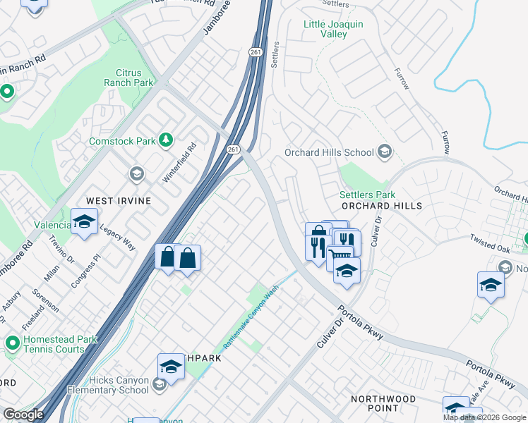 map of restaurants, bars, coffee shops, grocery stores, and more near 136 Spring Valley in Irvine