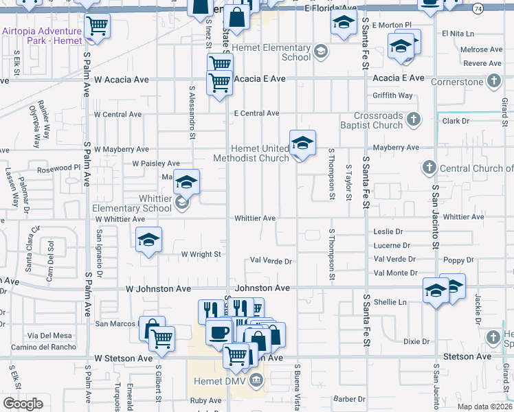 map of restaurants, bars, coffee shops, grocery stores, and more near 661 South Carmalita Street in Hemet