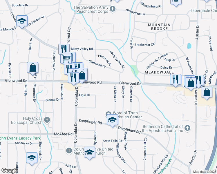 map of restaurants, bars, coffee shops, grocery stores, and more near 4185 Glenwood Road in Decatur