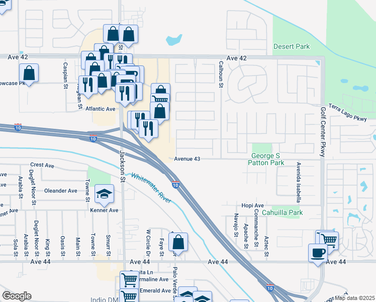 map of restaurants, bars, coffee shops, grocery stores, and more near 83325 White Stallion Road in Indio