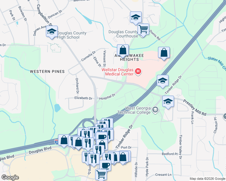 map of restaurants, bars, coffee shops, grocery stores, and more near 6208 Prestley Mill Road in Douglasville