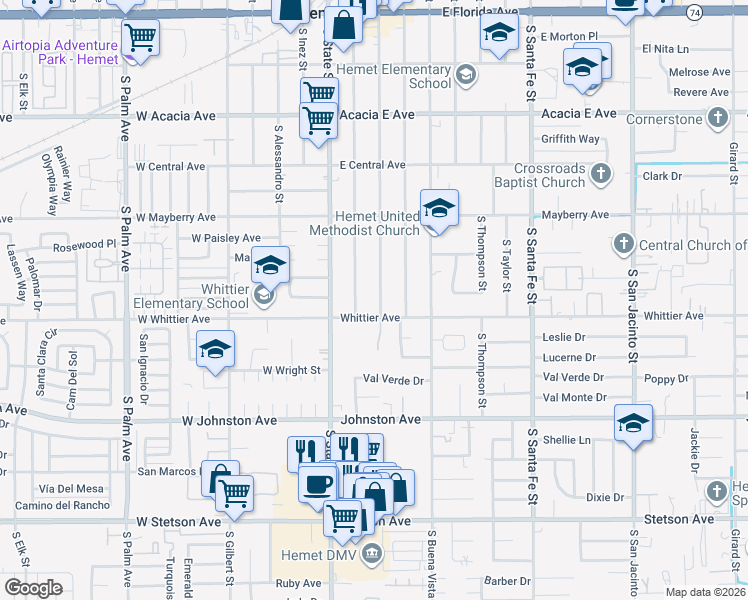 map of restaurants, bars, coffee shops, grocery stores, and more near 661 South Carmalita Street in Hemet