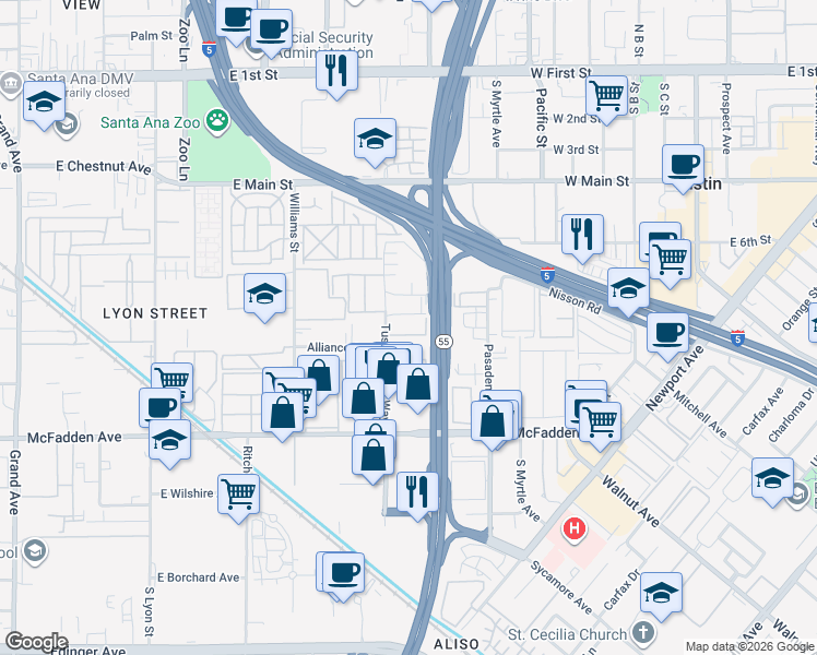 map of restaurants, bars, coffee shops, grocery stores, and more near 15560 Tustin Village Way in Tustin