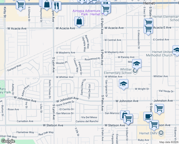 map of restaurants, bars, coffee shops, grocery stores, and more near 1100 West Westmont Avenue in Hemet