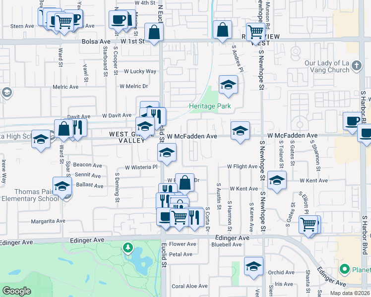 map of restaurants, bars, coffee shops, grocery stores, and more near 725 South Flintridge Drive in Santa Ana