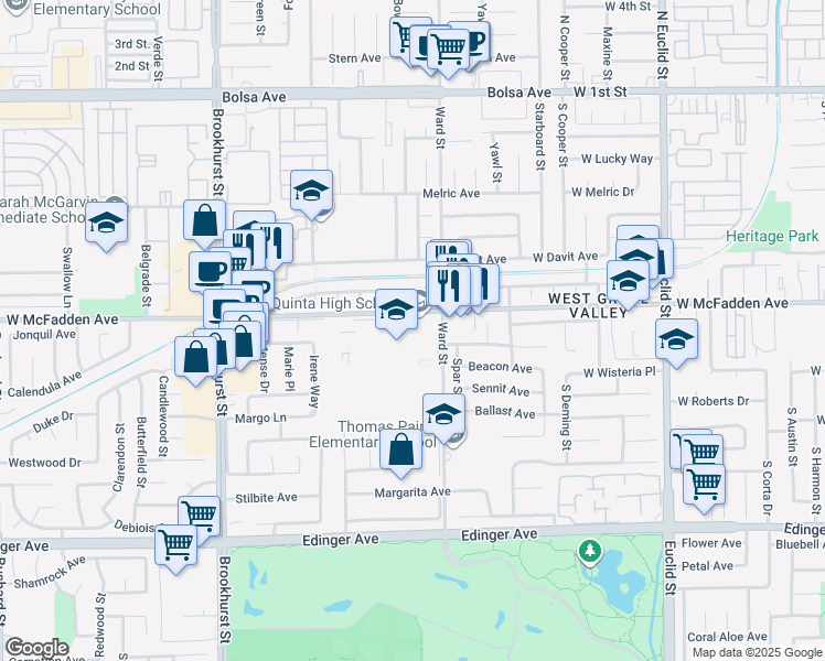 map of restaurants, bars, coffee shops, grocery stores, and more near 10372 McFadden Avenue in Westminster