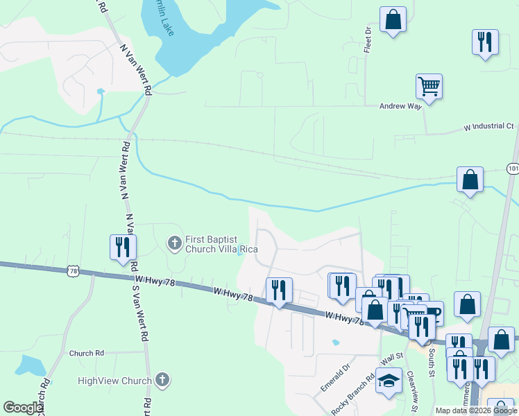 map of restaurants, bars, coffee shops, grocery stores, and more near 177 Melleray Ct in Villa Rica