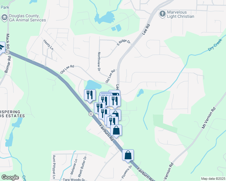 map of restaurants, bars, coffee shops, grocery stores, and more near 2500 Lee Road in Lithia Springs