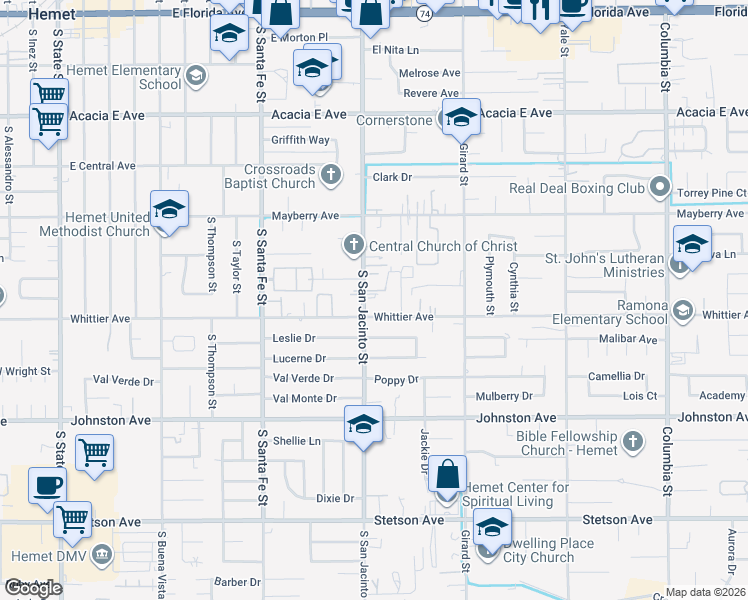 map of restaurants, bars, coffee shops, grocery stores, and more near 26418 San Jacinto Street in Hemet