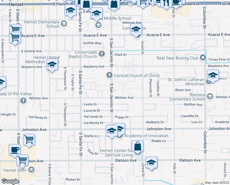 map of restaurants, bars, coffee shops, grocery stores, and more near 26418 San Jacinto Street in Hemet