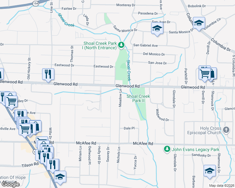map of restaurants, bars, coffee shops, grocery stores, and more near 3591 Glenwood Road in Decatur