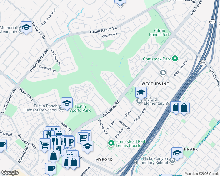 map of restaurants, bars, coffee shops, grocery stores, and more near 2941 Hogan Place in Tustin