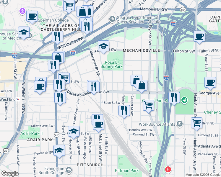 map of restaurants, bars, coffee shops, grocery stores, and more near 380 Glenn Street Southwest in Atlanta