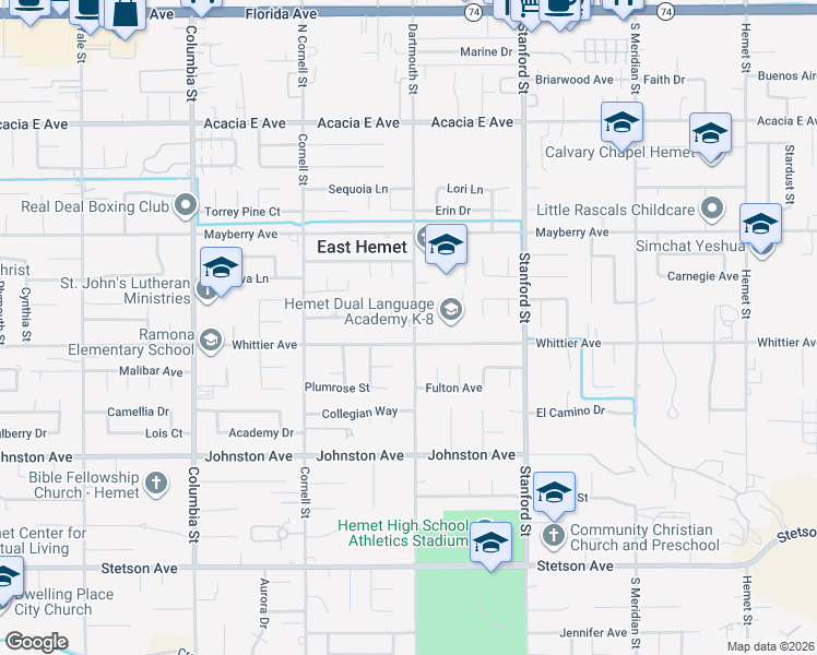 map of restaurants, bars, coffee shops, grocery stores, and more near 41487 Merriwood Drive in Hemet