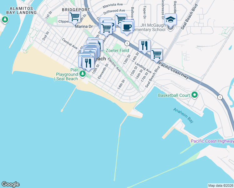 map of restaurants, bars, coffee shops, grocery stores, and more near in Seal Beach