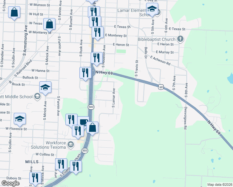 map of restaurants, bars, coffee shops, grocery stores, and more near 1720 South Lamar Avenue in Denison