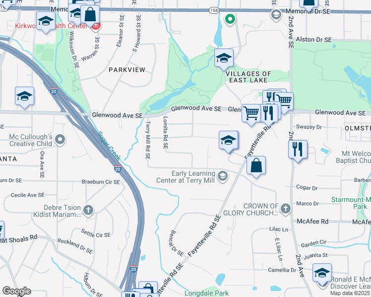map of restaurants, bars, coffee shops, grocery stores, and more near 1731 Pennington Place Southeast in Atlanta
