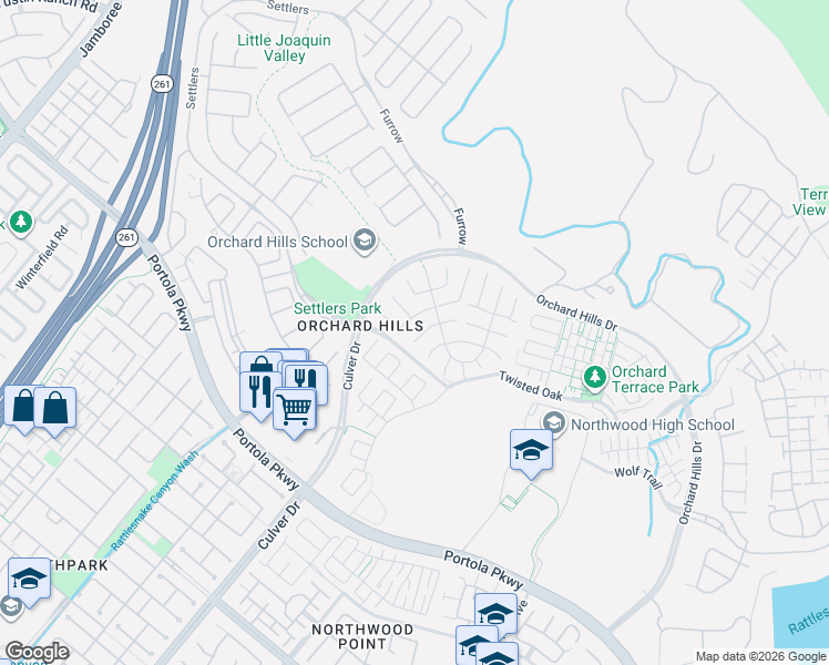 map of restaurants, bars, coffee shops, grocery stores, and more near 55 Quarter Horse in Irvine