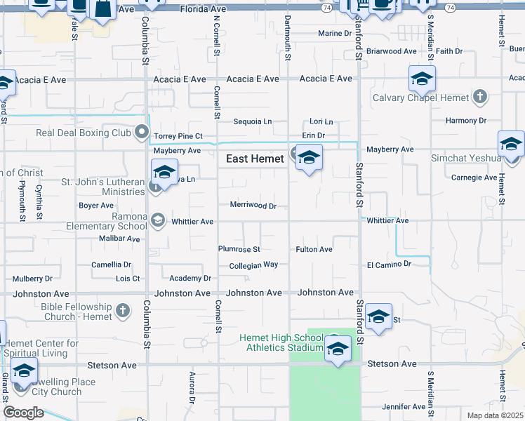 map of restaurants, bars, coffee shops, grocery stores, and more near 41411 Merriwood Drive in Hemet