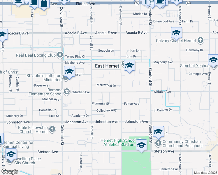 map of restaurants, bars, coffee shops, grocery stores, and more near 26424 Erwin Court in Hemet